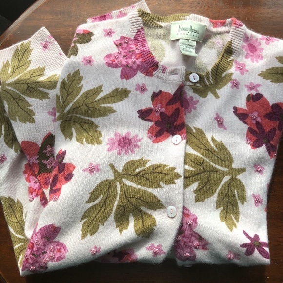 Neiman Marcus / cashmere floral beaded cardigan - Picture 1 of 6